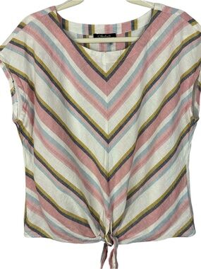 Charlie B Linen Cotton Blend Striped Tie Front Top Medium Pink Blue Chevron